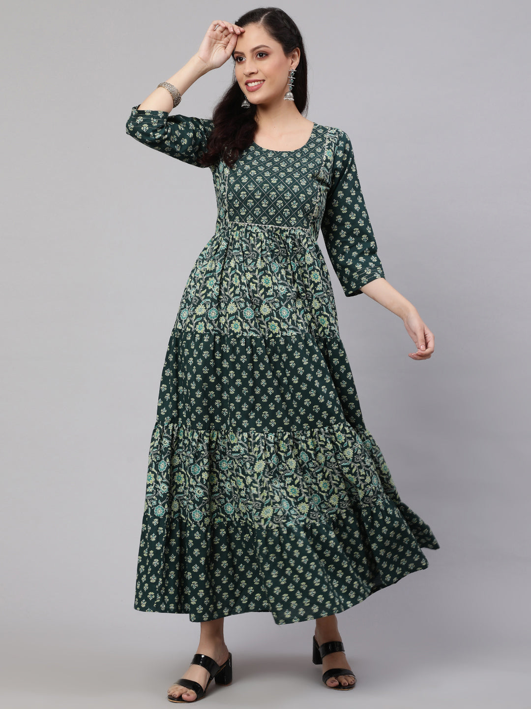 Women Green Printed Gathered Dress With Gotta Patti & Zari Work | LASVINI - Redefining Indian Fashion with Elegance