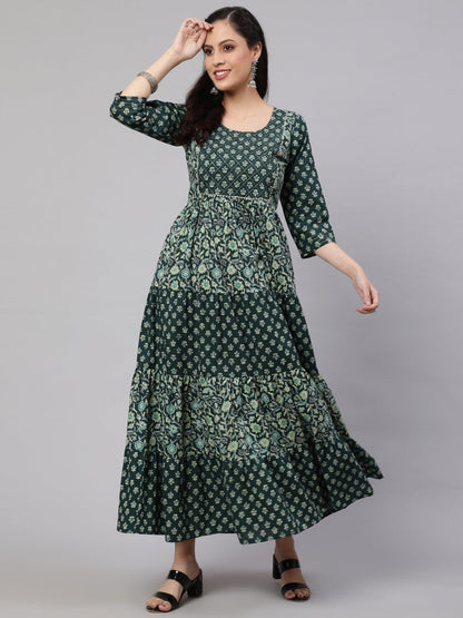Women Green Printed Gathered Dress With Gotta Patti & Zari Work | LASVINI - Redefining Indian Fashion with Elegance