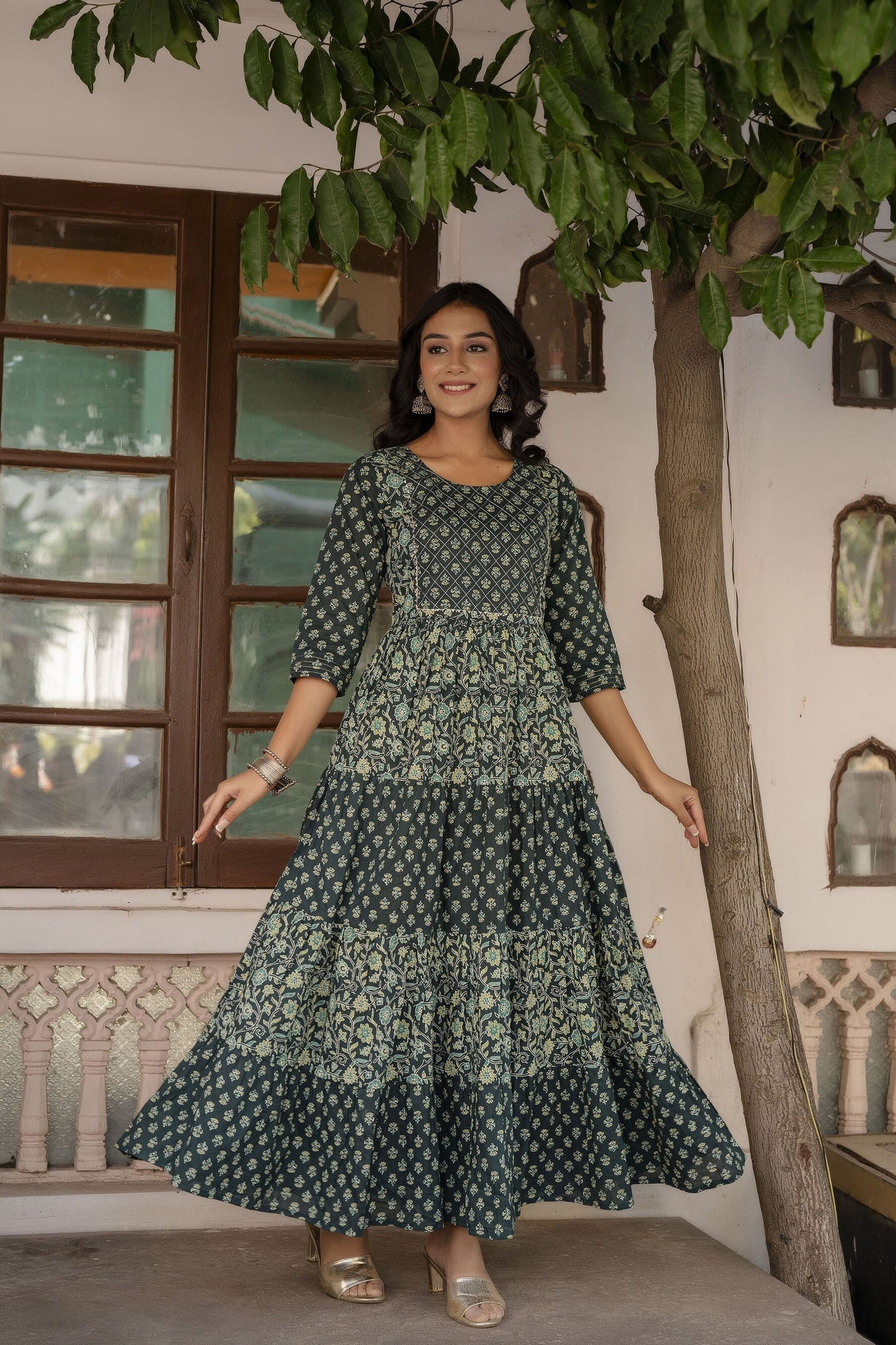 Women Green Printed Gathered Dress With Gotta Patti & Zari Work | LASVINI - Redefining Indian Fashion with Elegance
