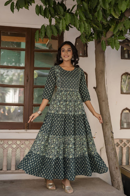 Women Green Printed Gathered Dress With Gotta Patti & Zari Work | LASVINI - Redefining Indian Fashion with Elegance