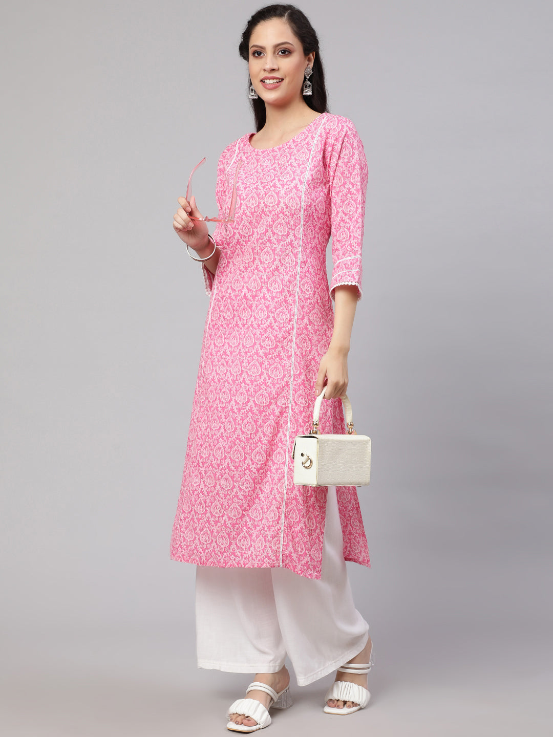 Women Pink Printed Straight Kurta With Three Quarter Sleeves | LASVINI - Redefining Indian Fashion with Elegance