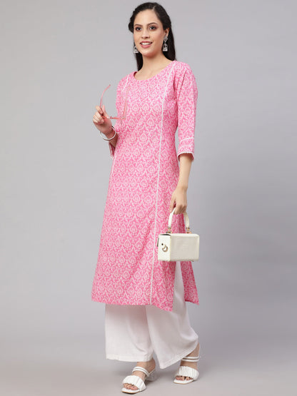 Women Pink Printed Straight Kurta With Three Quarter Sleeves | LASVINI - Redefining Indian Fashion with Elegance