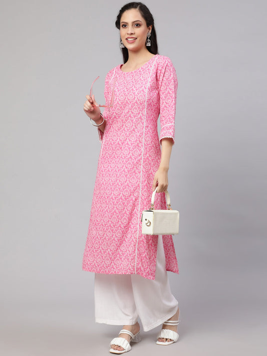 Women Pink Printed Straight Kurta With Three Quarter Sleeves | LASVINI - Redefining Indian Fashion with Elegance