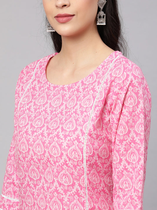 Women Pink Printed Straight Kurta With Three Quarter Sleeves | LASVINI - Redefining Indian Fashion with Elegance