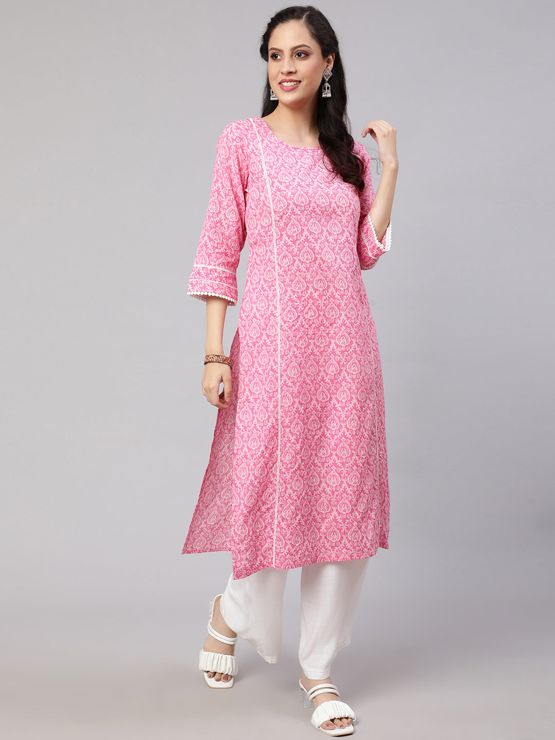 Women Pink Printed Straight Kurta With Three Quarter Sleeves | LASVINI - Redefining Indian Fashion with Elegance