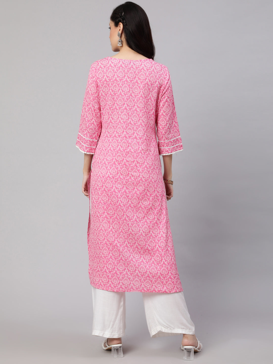 Women Pink Printed Straight Kurta With Three Quarter Sleeves | LASVINI - Redefining Indian Fashion with Elegance