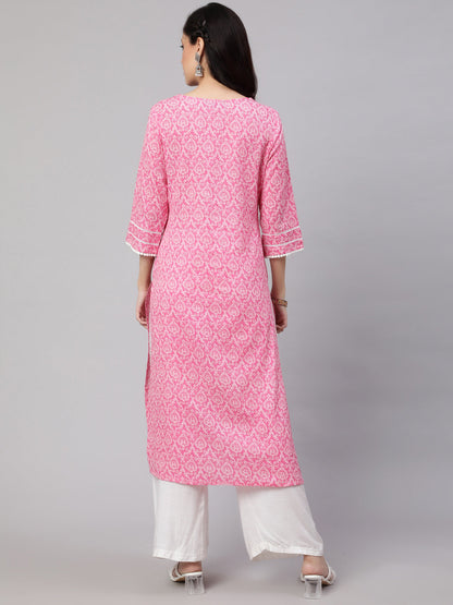 Women Pink Printed Straight Kurta With Three Quarter Sleeves | LASVINI - Redefining Indian Fashion with Elegance