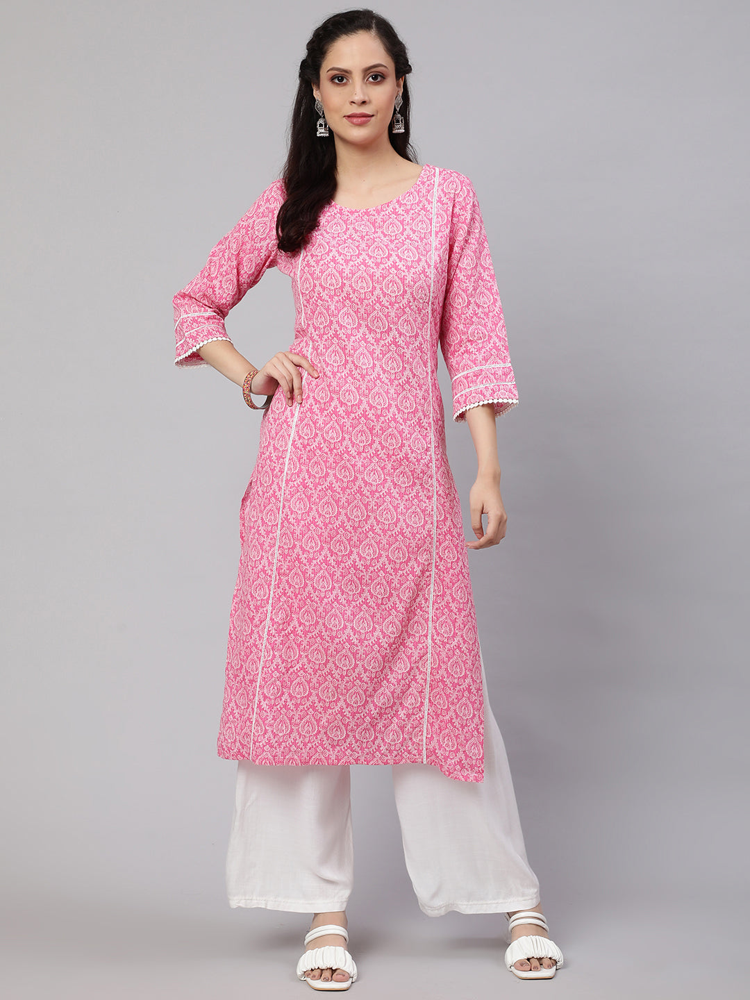 Women Pink Printed Straight Kurta With Three Quarter Sleeves | LASVINI - Redefining Indian Fashion with Elegance
