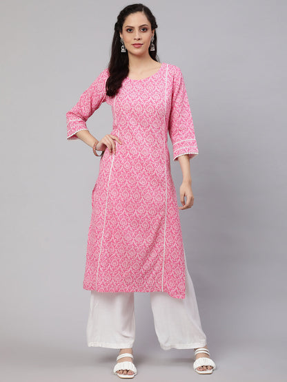Women Pink Printed Straight Kurta With Three Quarter Sleeves | LASVINI - Redefining Indian Fashion with Elegance