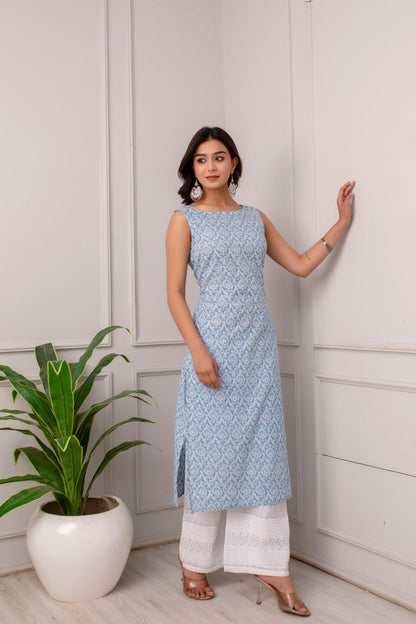Women Blue Ethnic Straight Sleeveless Kurta | LASVINI - Redefining Indian Fashion with Elegance