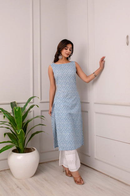Women Blue Ethnic Straight Sleeveless Kurta | LASVINI - Redefining Indian Fashion with Elegance