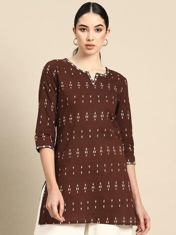 Women Brown Embroidered Ikat Printed Straight Tunic | LASVINI - Redefining Indian Fashion with Elegance