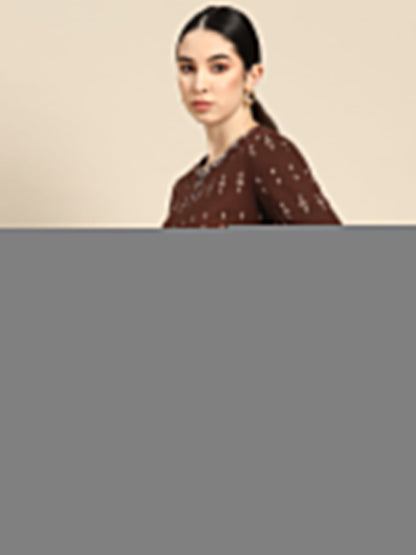 Women Brown Embroidered Ikat Printed Straight Tunic | LASVINI - Redefining Indian Fashion with Elegance