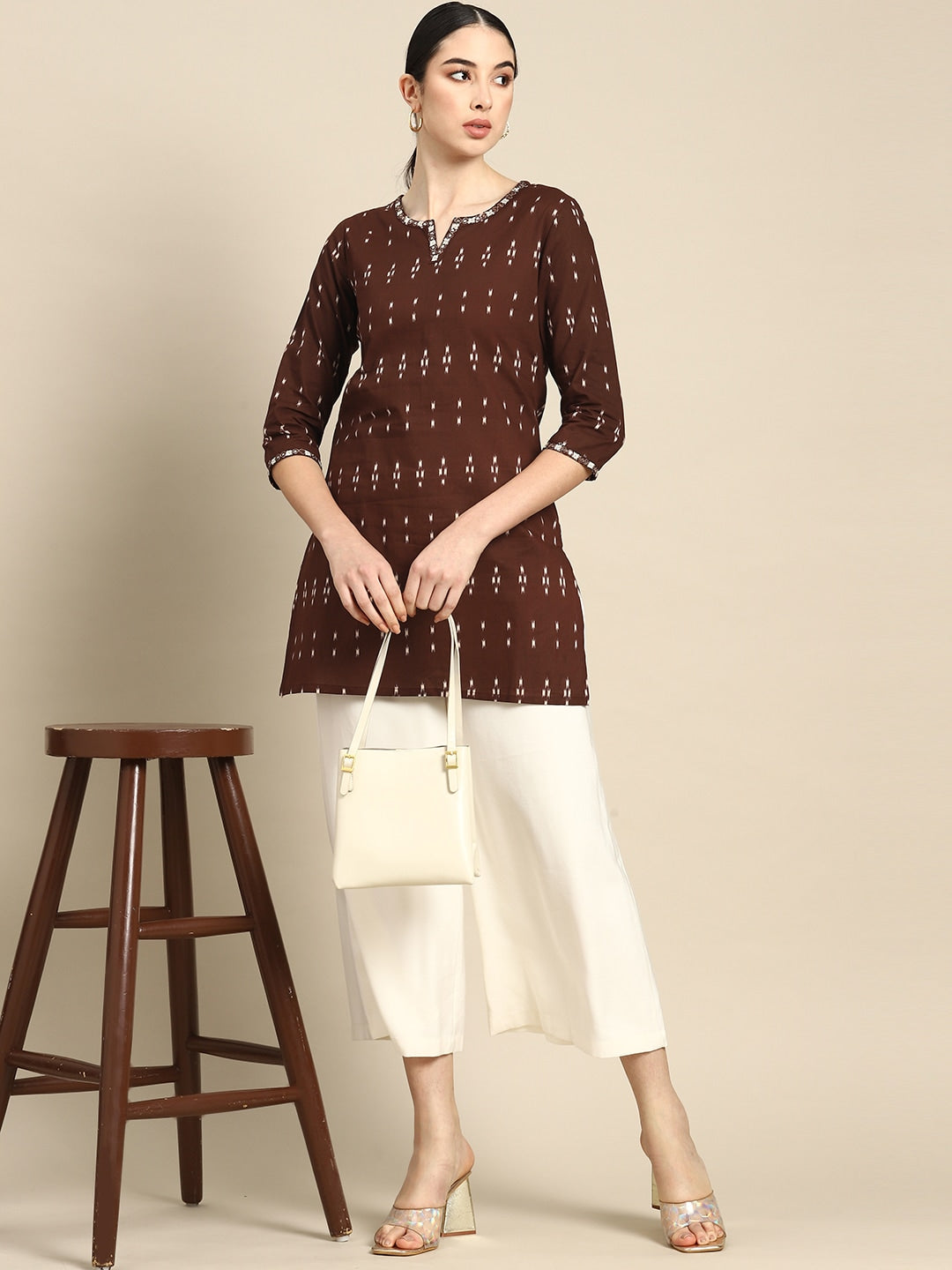 Women Brown Embroidered Ikat Printed Straight Tunic | LASVINI - Redefining Indian Fashion with Elegance