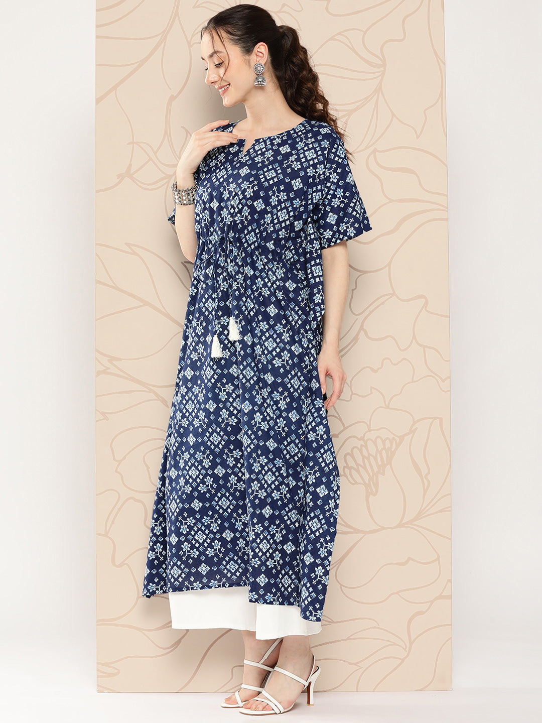 Women Navy Blue Ethnic Printed Kaftan | LASVINI - Redefining Indian Fashion with Elegance