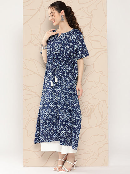 Women Navy Blue Ethnic Printed Kaftan | LASVINI - Redefining Indian Fashion with Elegance