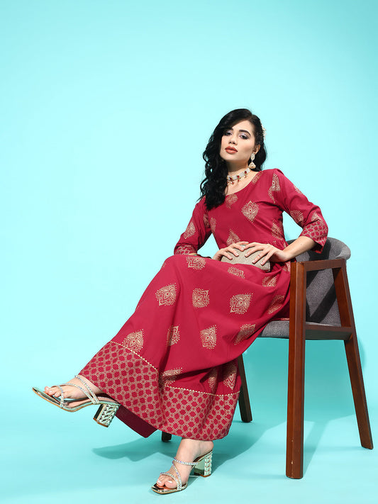 Women Maroon Ethnic Printed Flared Dress With Three Quarter Sleeves | LASVINI - Redefining Indian Fashion with Elegance