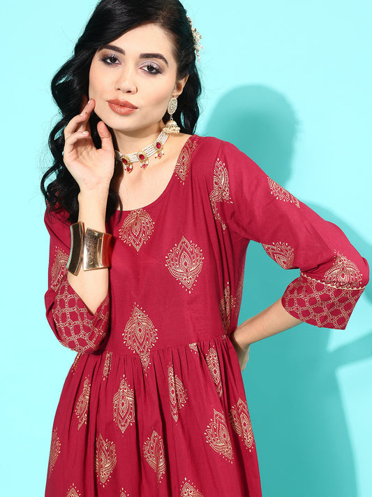 Women Maroon Ethnic Printed Flared Dress With Three Quarter Sleeves | LASVINI - Redefining Indian Fashion with Elegance