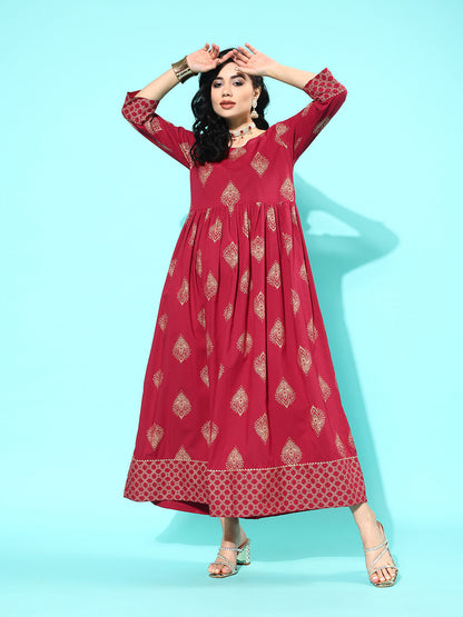 Women Maroon Ethnic Printed Flared Dress With Three Quarter Sleeves | LASVINI - Redefining Indian Fashion with Elegance