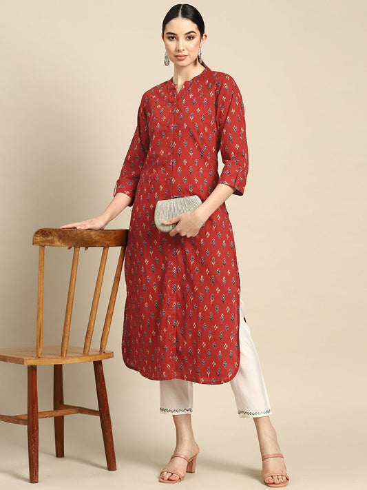 Women Red Straight Kurta With Three Quarter Sleeves | LASVINI - Redefining Indian Fashion with Elegance