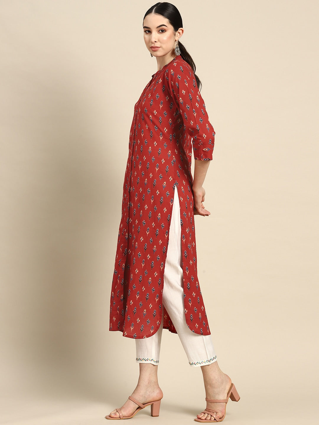 Women Red Straight Kurta With Three Quarter Sleeves | LASVINI - Redefining Indian Fashion with Elegance