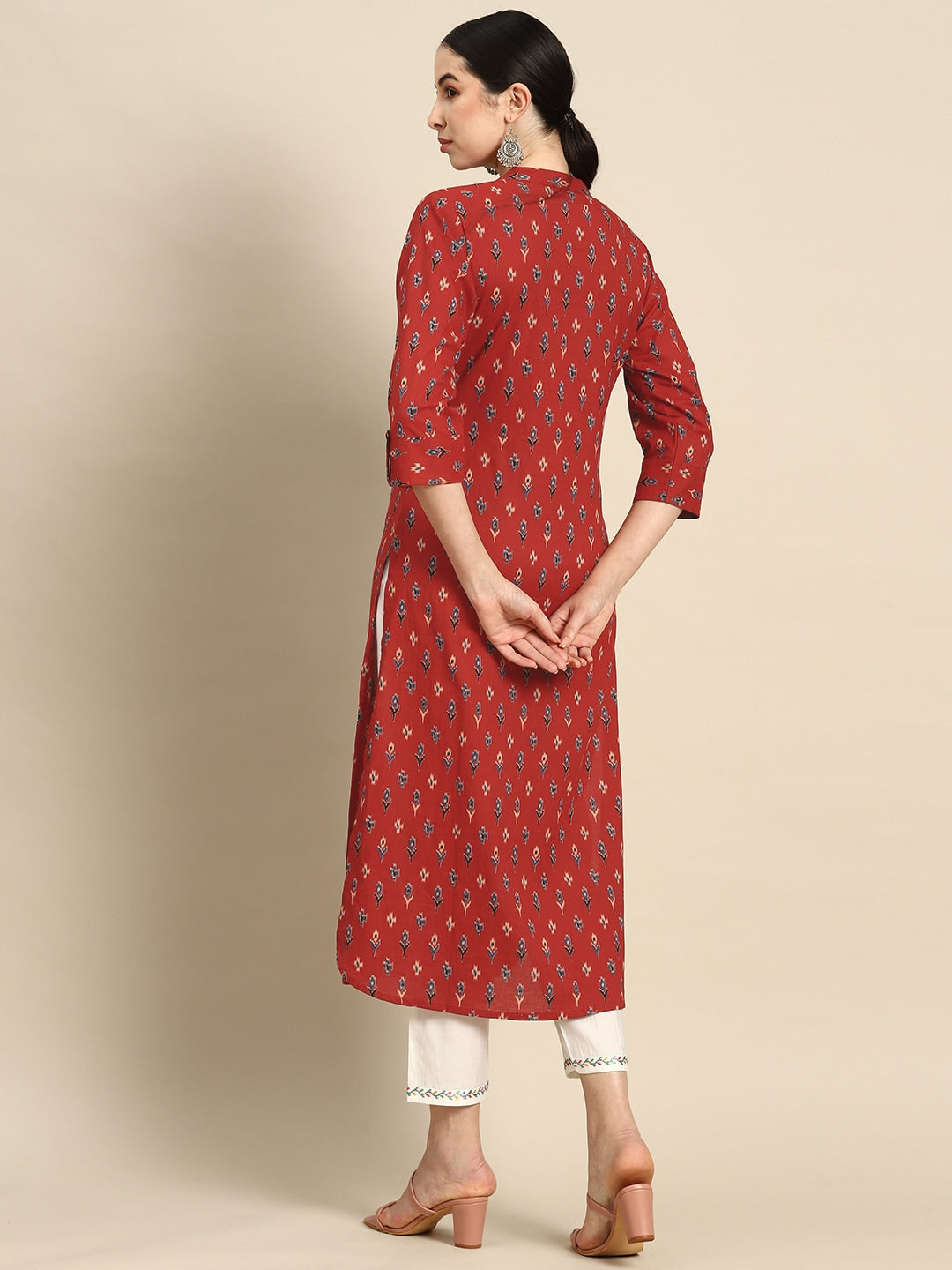 Women Red Straight Kurta With Three Quarter Sleeves | LASVINI - Redefining Indian Fashion with Elegance