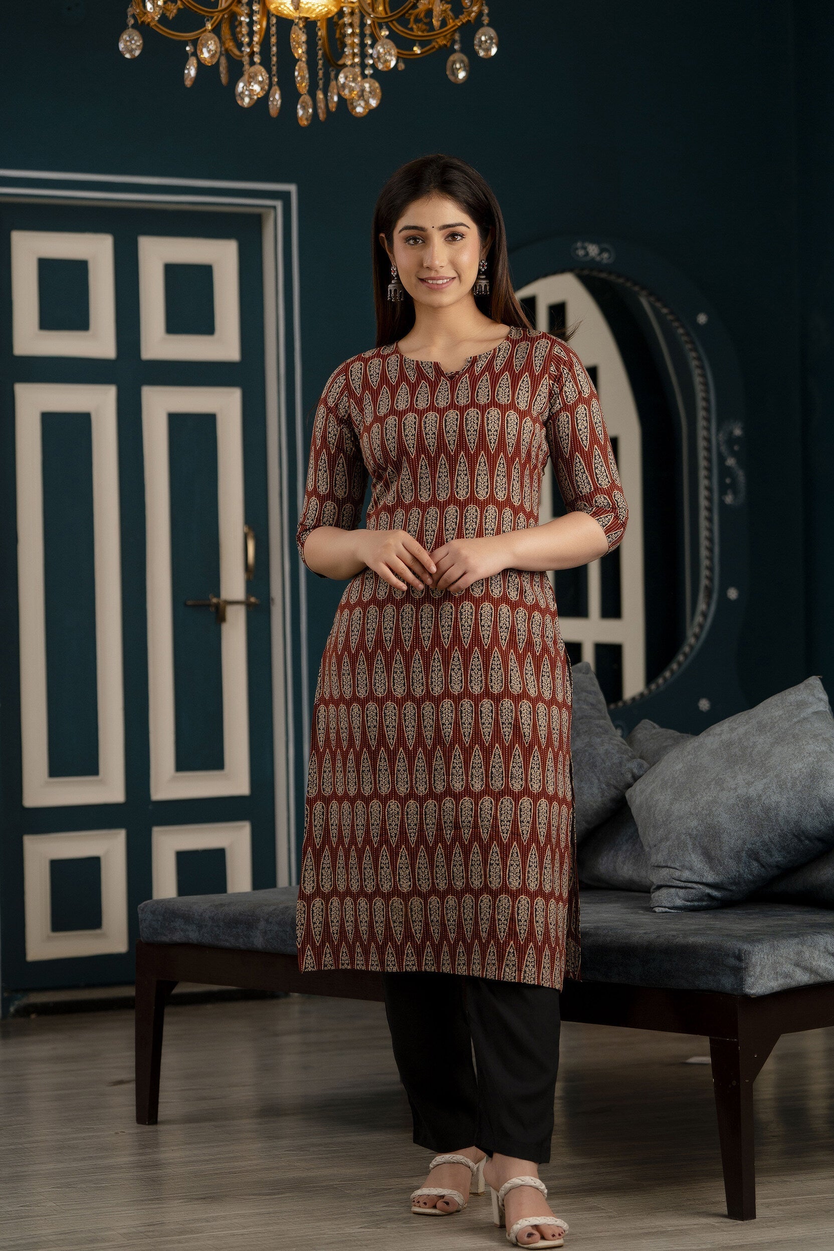 Women Maroon Printed Straight Kurta With Three Quarter Sleeves | LASVINI - Redefining Indian Fashion with Elegance