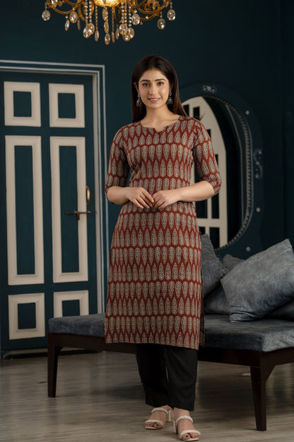 Women Maroon Printed Straight Kurta With Three Quarter Sleeves | LASVINI - Redefining Indian Fashion with Elegance