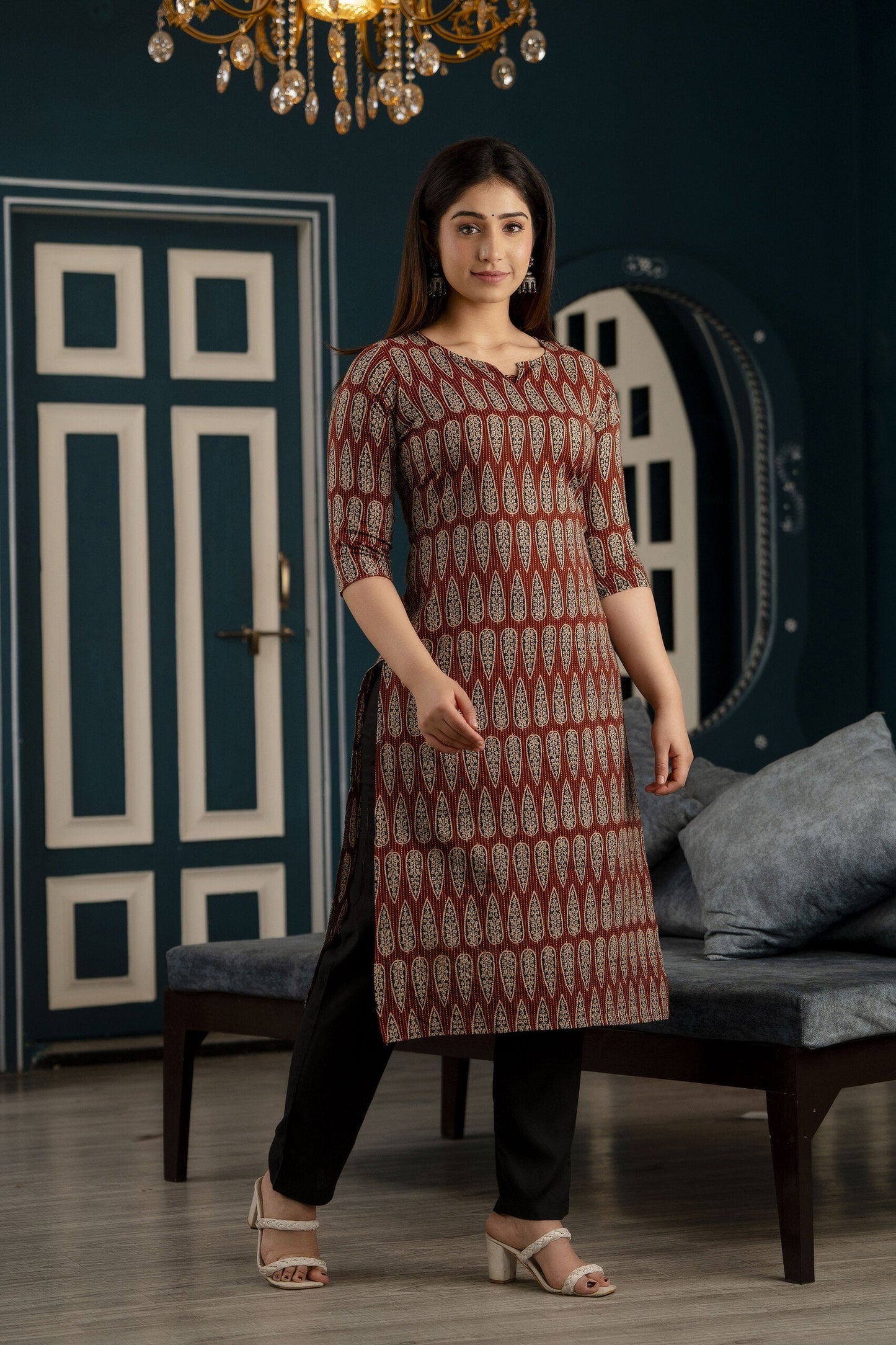 Women Maroon Printed Straight Kurta With Three Quarter Sleeves | LASVINI - Redefining Indian Fashion with Elegance