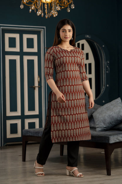 Women Maroon Printed Straight Kurta With Three Quarter Sleeves | LASVINI - Redefining Indian Fashion with Elegance