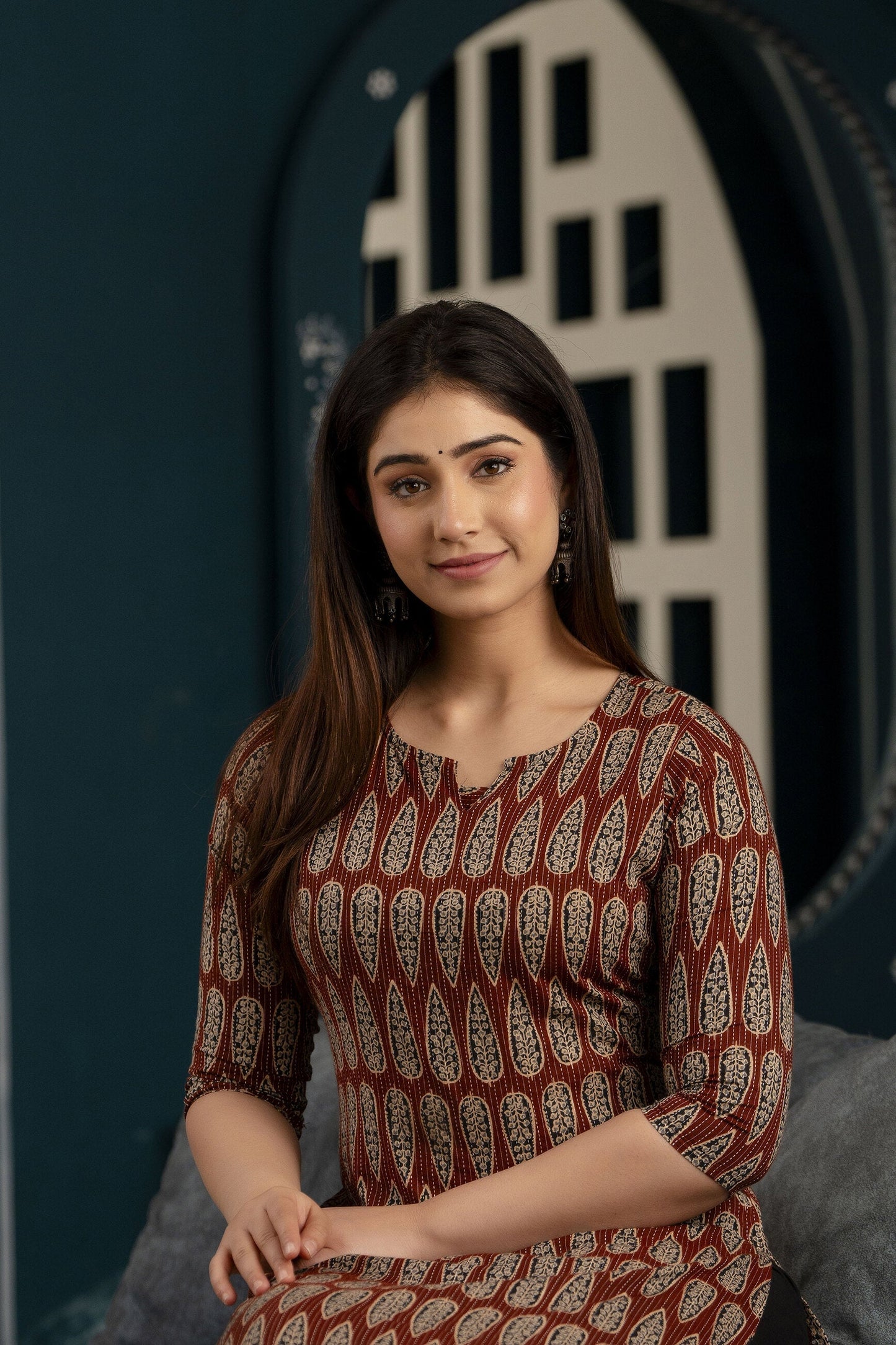 Women Maroon Printed Straight Kurta With Three Quarter Sleeves | LASVINI - Redefining Indian Fashion with Elegance