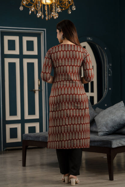 Women Maroon Printed Straight Kurta With Three Quarter Sleeves | LASVINI - Redefining Indian Fashion with Elegance