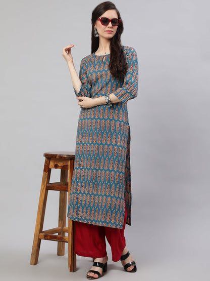 Women Blue Ethnic Printed Straight Kurta With Three Quarter Sleeves | LASVINI - Redefining Indian Fashion with Elegance