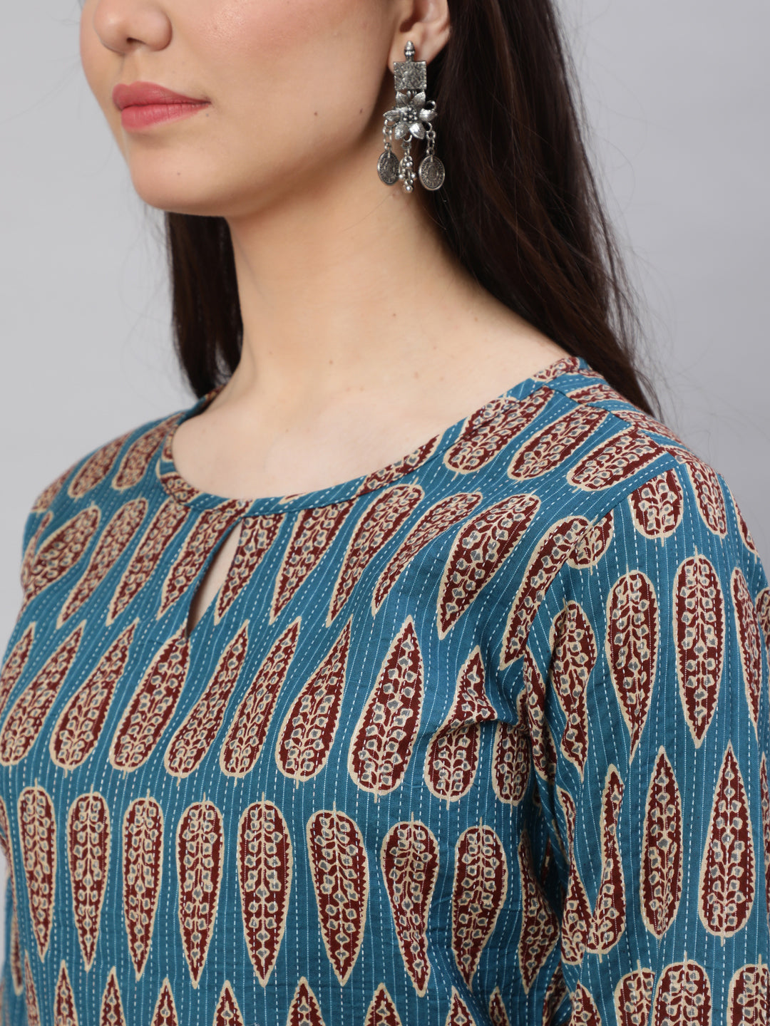 Women Blue Ethnic Printed Straight Kurta With Three Quarter Sleeves | LASVINI - Redefining Indian Fashion with Elegance