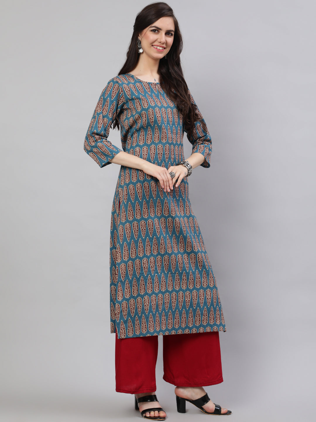 Women Blue Ethnic Printed Straight Kurta With Three Quarter Sleeves | LASVINI - Redefining Indian Fashion with Elegance