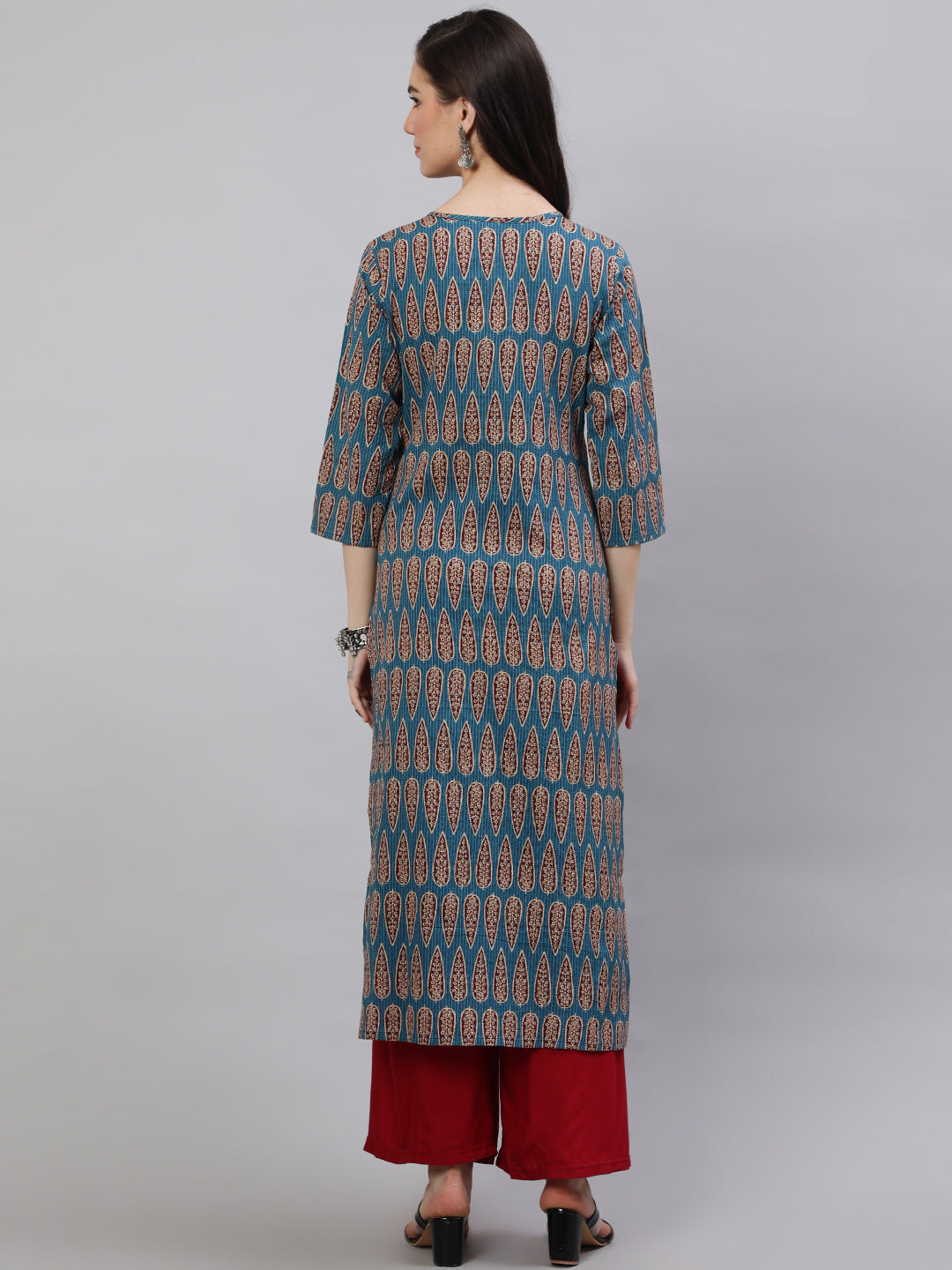 Women Blue Ethnic Printed Straight Kurta With Three Quarter Sleeves | LASVINI - Redefining Indian Fashion with Elegance