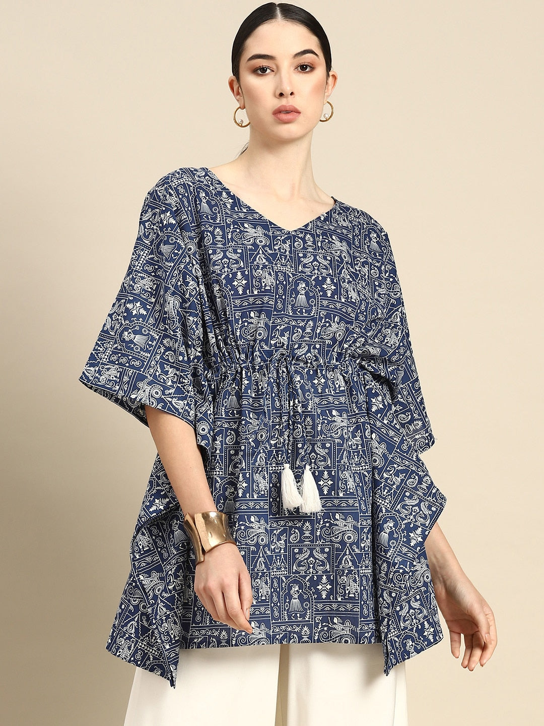 Women Navy Blue Printed Straight Kaftan Tunic | LASVINI - Redefining Indian Fashion with Elegance