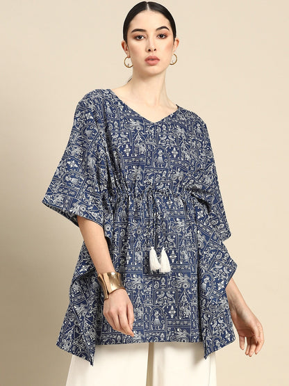 Women Navy Blue Printed Straight Kaftan Tunic | LASVINI - Redefining Indian Fashion with Elegance