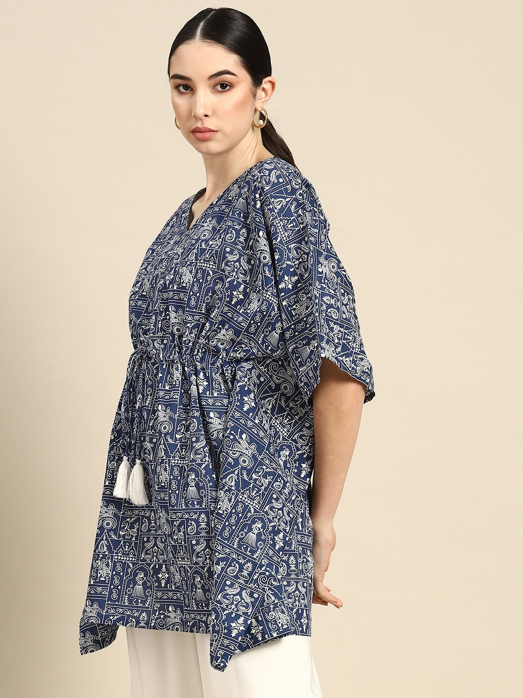 Women Navy Blue Printed Straight Kaftan Tunic | LASVINI - Redefining Indian Fashion with Elegance