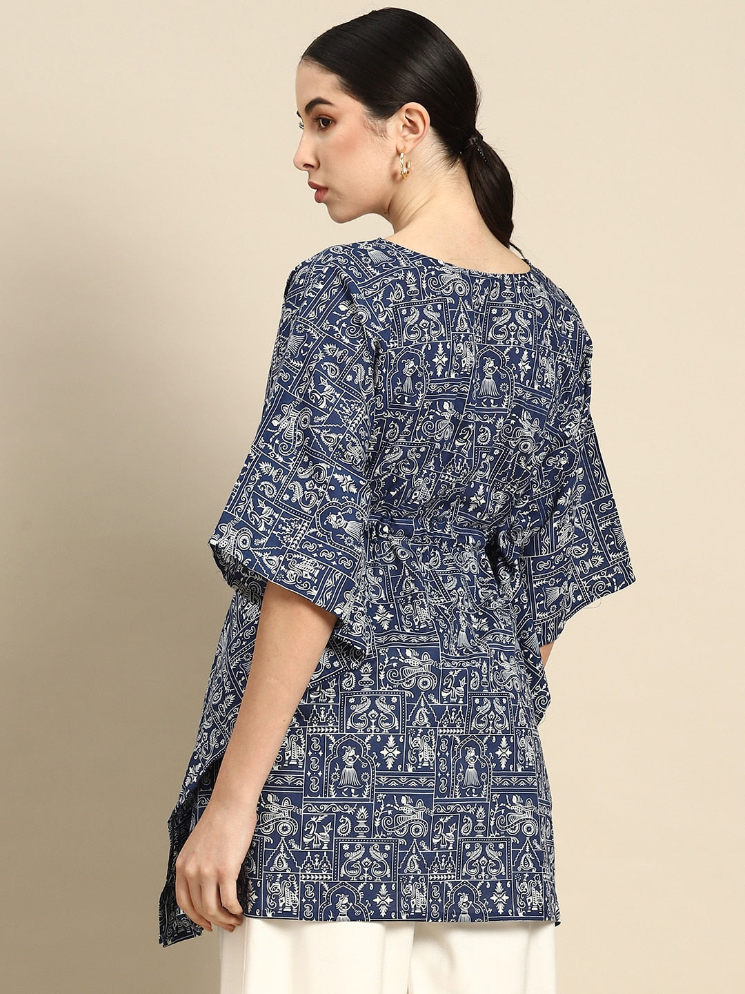 Women Navy Blue Printed Straight Kaftan Tunic | LASVINI - Redefining Indian Fashion with Elegance