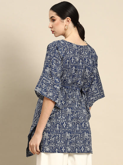 Women Navy Blue Printed Straight Kaftan Tunic | LASVINI - Redefining Indian Fashion with Elegance