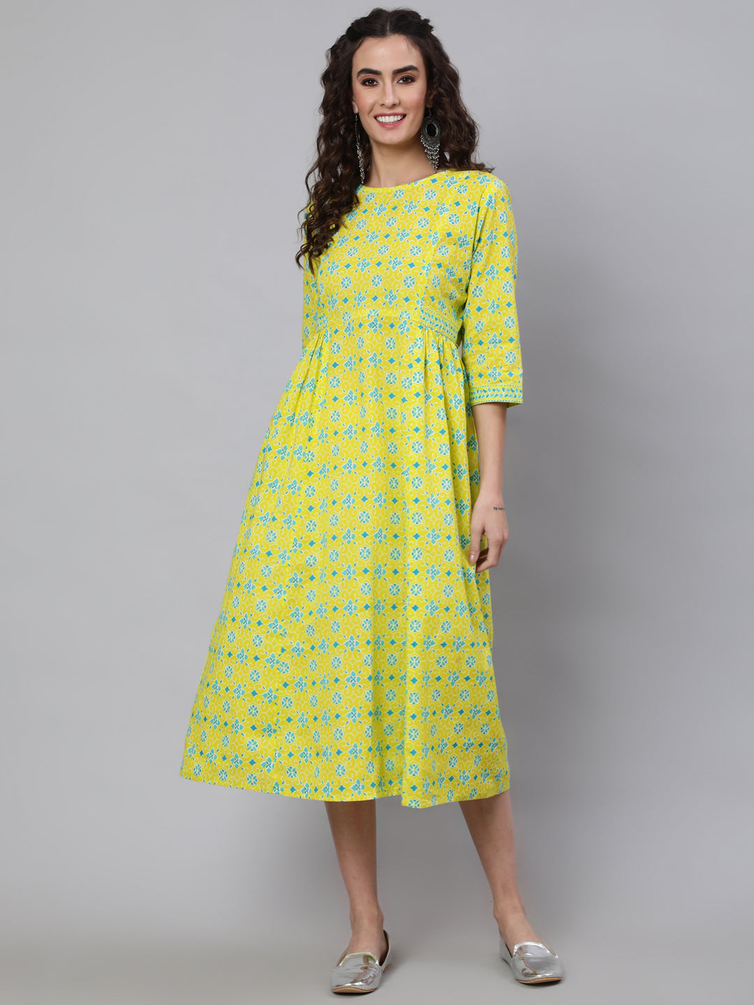 Women Yellow Ethnic Printed Flared Dress With Three Quarter Sleeves | LASVINI - Redefining Indian Fashion with Elegance