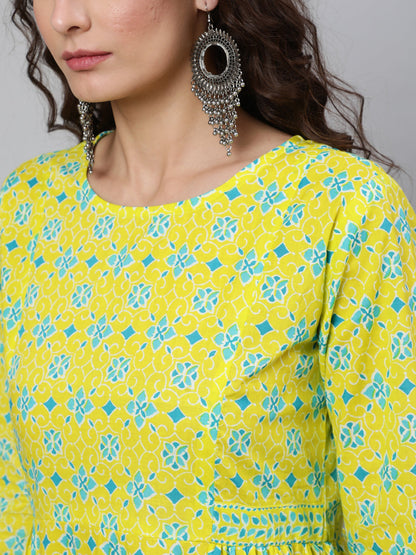 Women Yellow Ethnic Printed Flared Dress With Three Quarter Sleeves | LASVINI - Redefining Indian Fashion with Elegance