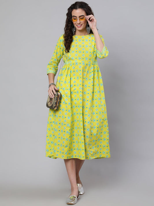 Women Yellow Ethnic Printed Flared Dress With Three Quarter Sleeves | LASVINI - Redefining Indian Fashion with Elegance