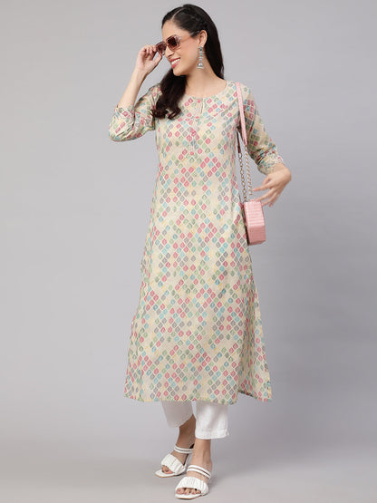 Women Multi Ikat Printed Straight Kurta With Three Quarter Sleeves | LASVINI - Redefining Indian Fashion with Elegance