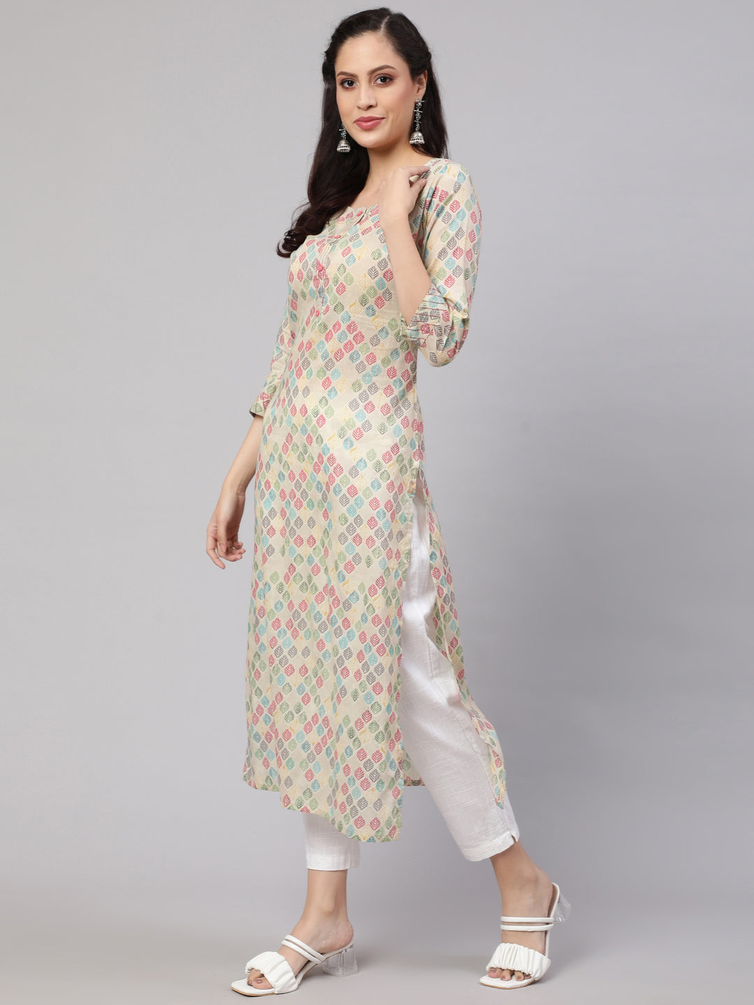 Women Multi Ikat Printed Straight Kurta With Three Quarter Sleeves | LASVINI - Redefining Indian Fashion with Elegance