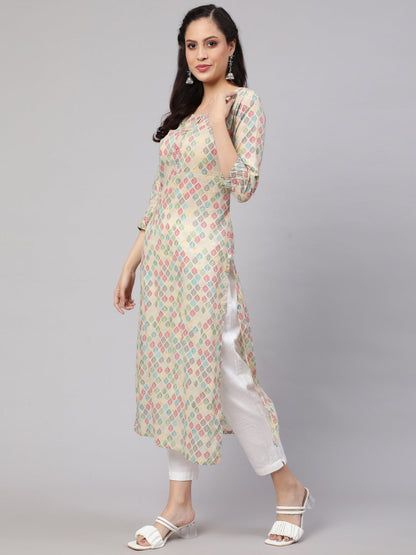 Women Multi Ikat Printed Straight Kurta With Three Quarter Sleeves | LASVINI - Redefining Indian Fashion with Elegance