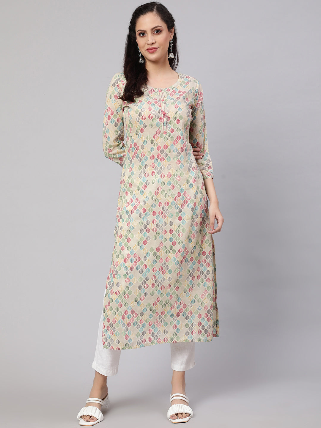 Women Multi Ikat Printed Straight Kurta With Three Quarter Sleeves | LASVINI - Redefining Indian Fashion with Elegance