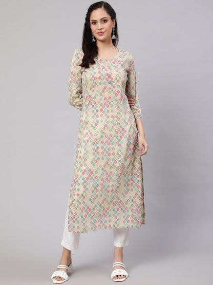 Women Multi Ikat Printed Straight Kurta With Three Quarter Sleeves | LASVINI - Redefining Indian Fashion with Elegance