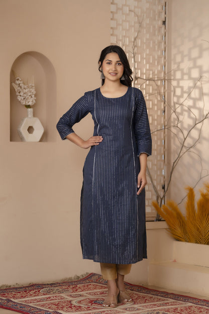 Women Navy Blue Striped Lurex Straight Kurta With Three Quarter Sleeves | LASVINI - Redefining Indian Fashion with Elegance